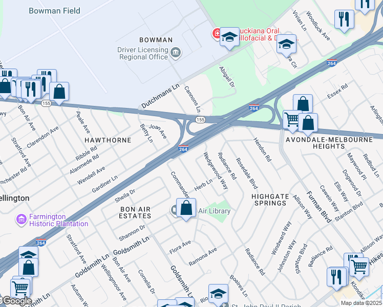 map of restaurants, bars, coffee shops, grocery stores, and more near 2816 Gardiner Lane in Louisville