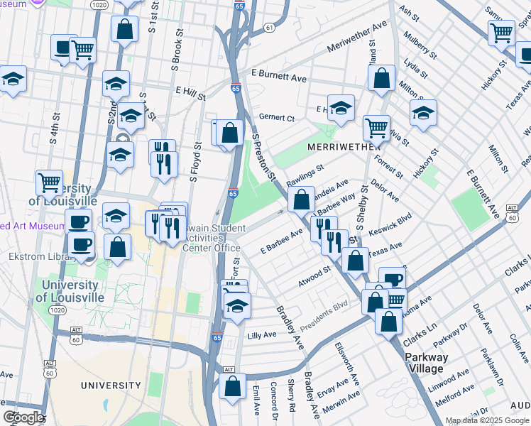 map of restaurants, bars, coffee shops, grocery stores, and more near 1910 South Preston Street in Louisville
