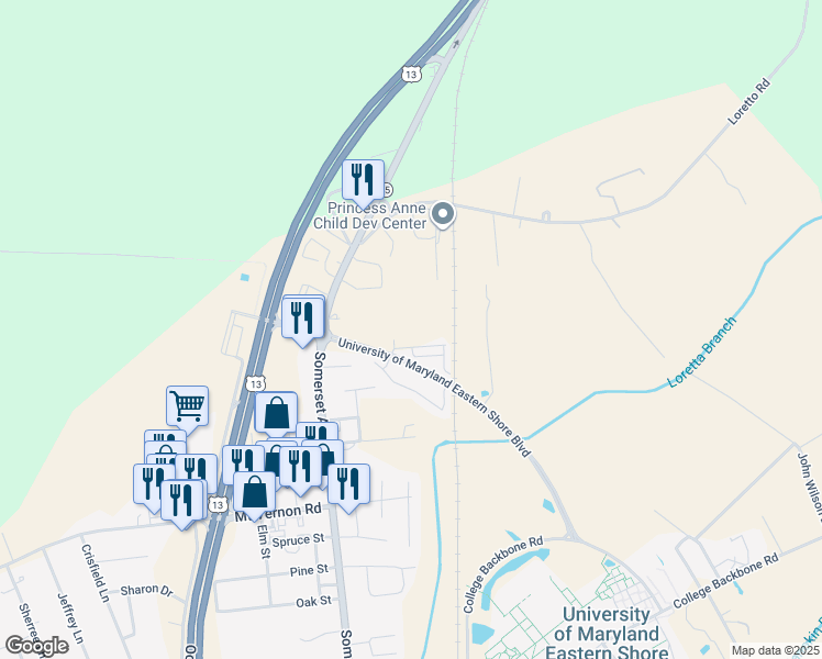 map of restaurants, bars, coffee shops, grocery stores, and more near 30520 Hickory Road in Princess Anne