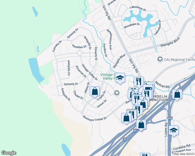 map of restaurants, bars, coffee shops, grocery stores, and more near 5188 Doria Place in Fairfield