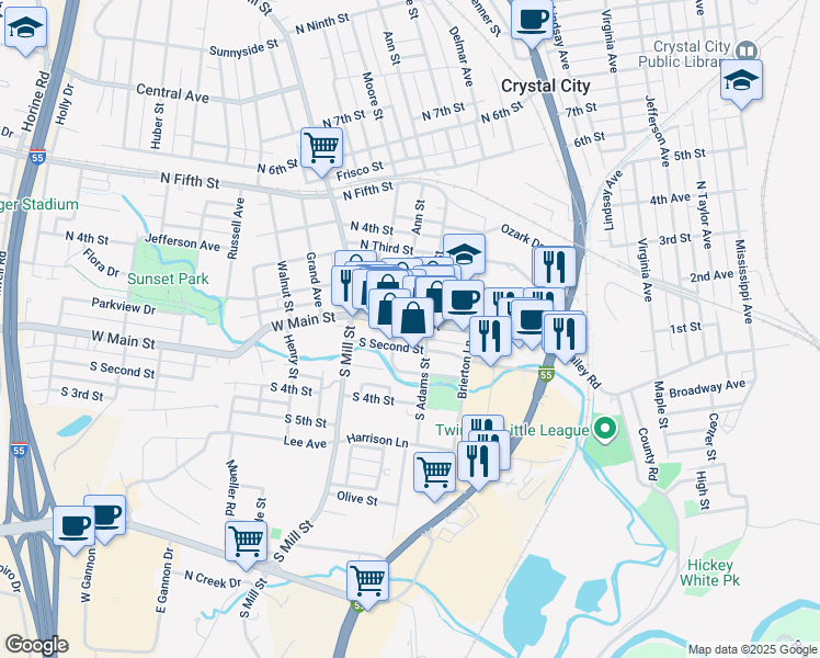map of restaurants, bars, coffee shops, grocery stores, and more near 133 West Main Street in Festus