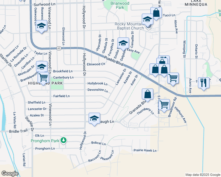 map of restaurants, bars, coffee shops, grocery stores, and more near 3206 Hollybrook Lane in Pueblo