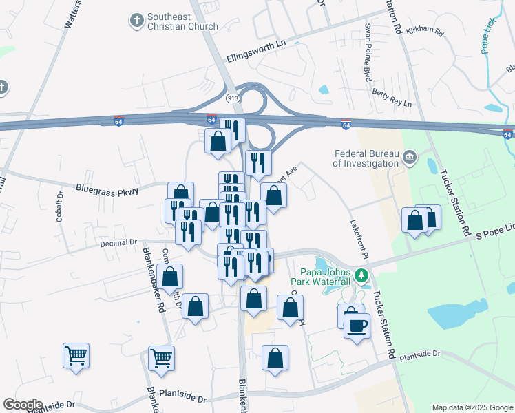 map of restaurants, bars, coffee shops, grocery stores, and more near 1650 Alliant Avenue in Louisville