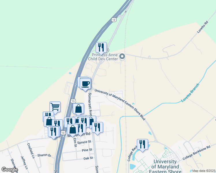 map of restaurants, bars, coffee shops, grocery stores, and more near 30504 Hickory Road in Princess Anne