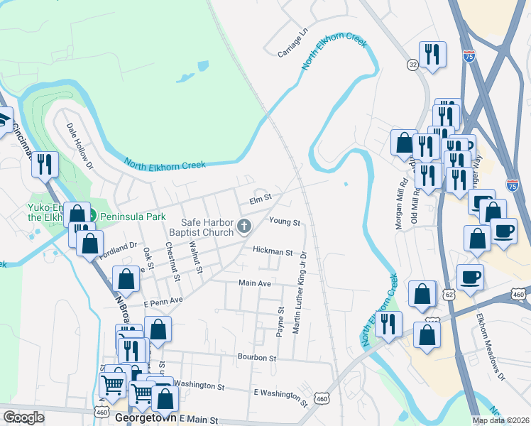 map of restaurants, bars, coffee shops, grocery stores, and more near 104 Elm Street in Georgetown