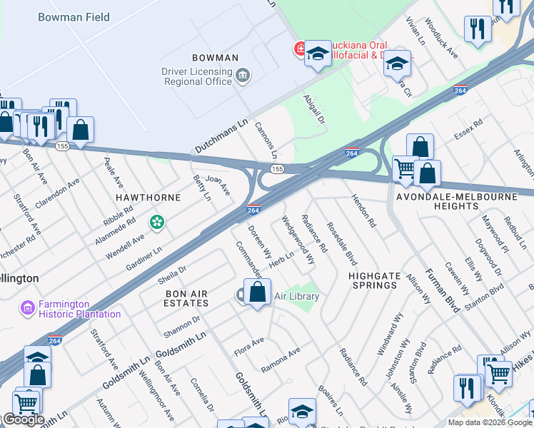 map of restaurants, bars, coffee shops, grocery stores, and more near 2816 Gardiner Lane in Louisville