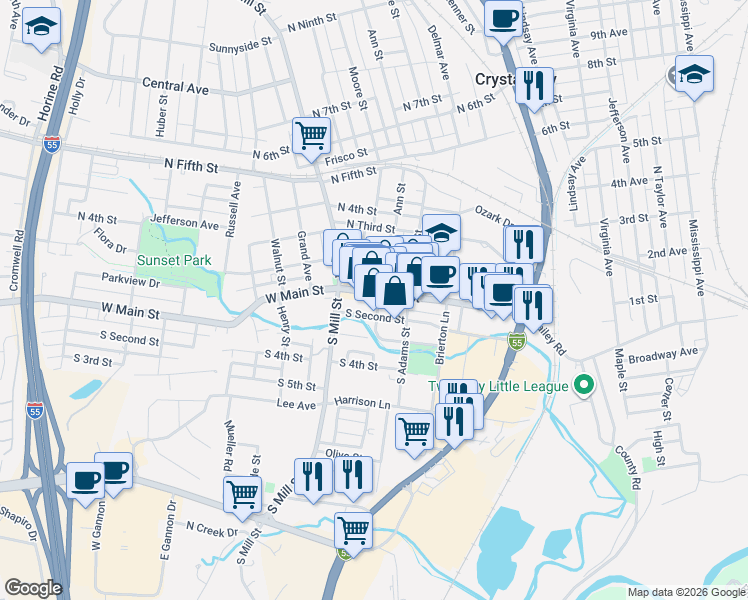 map of restaurants, bars, coffee shops, grocery stores, and more near 133 West Main Street in Festus