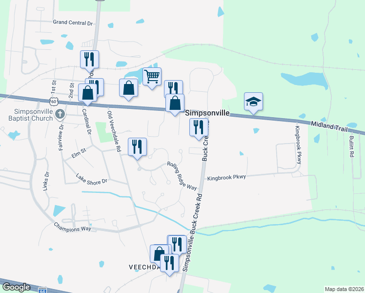 map of restaurants, bars, coffee shops, grocery stores, and more near 300 Meadow Ridge Drive in Simpsonville