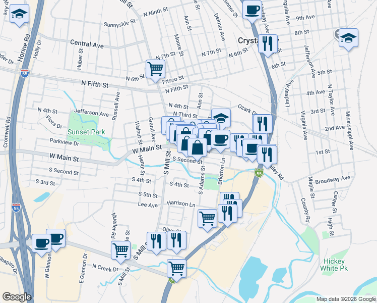 map of restaurants, bars, coffee shops, grocery stores, and more near 133 West Main Street in Festus
