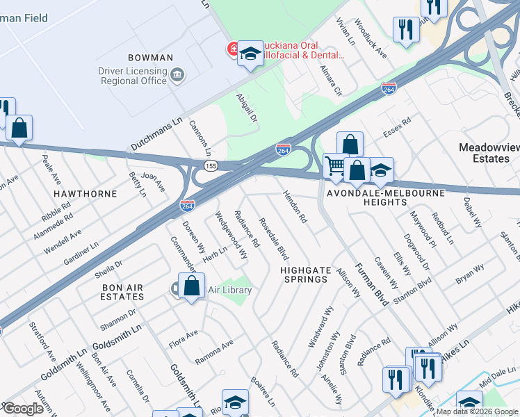 map of restaurants, bars, coffee shops, grocery stores, and more near 3000 Talisman Road in Louisville