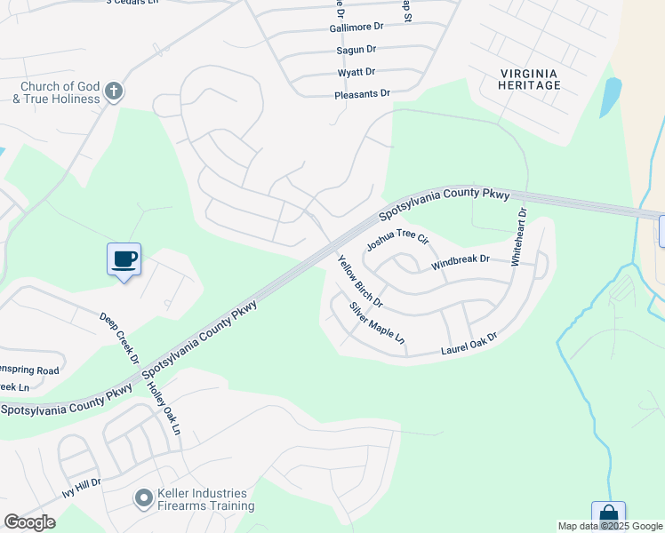 map of restaurants, bars, coffee shops, grocery stores, and more near 5519 Silver Maple Lane in Fredericksburg