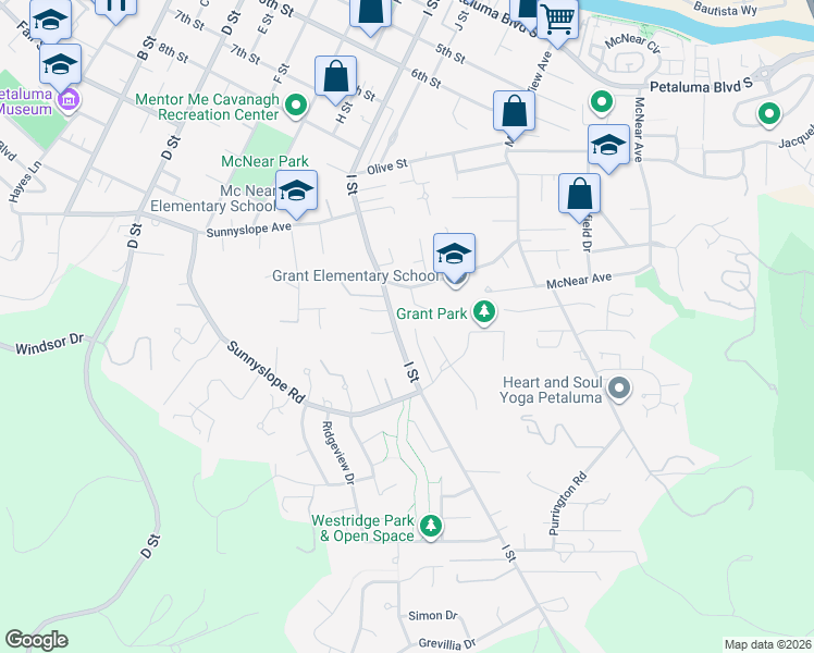 map of restaurants, bars, coffee shops, grocery stores, and more near 1323 I Street in Petaluma