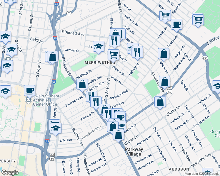 map of restaurants, bars, coffee shops, grocery stores, and more near 2010 Alexander Avenue in Louisville