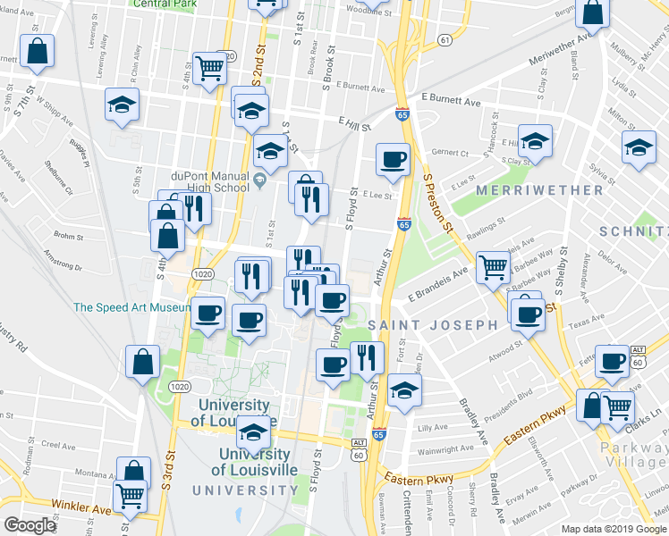 map of restaurants, bars, coffee shops, grocery stores, and more near 1900 South Floyd Street in Louisville