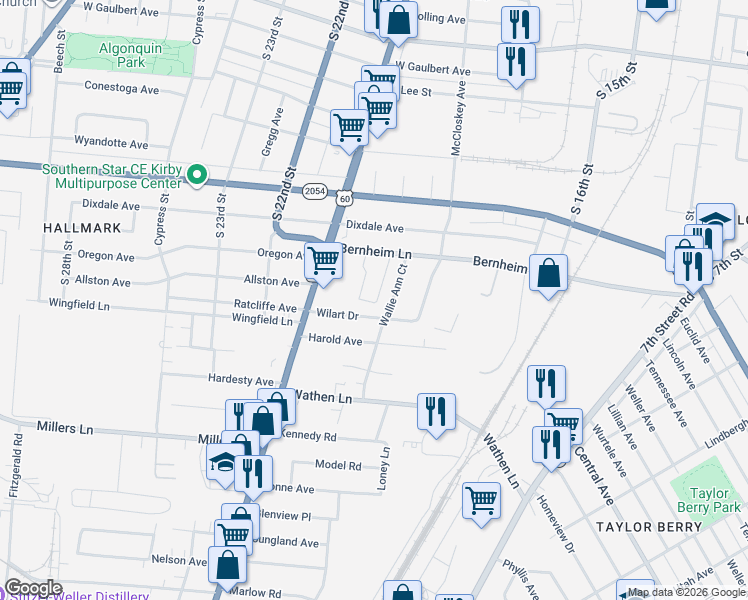 map of restaurants, bars, coffee shops, grocery stores, and more near 2118 Wallie Ann Court in Louisville