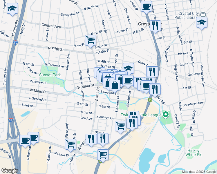 map of restaurants, bars, coffee shops, grocery stores, and more near 133 West Main Street in Festus