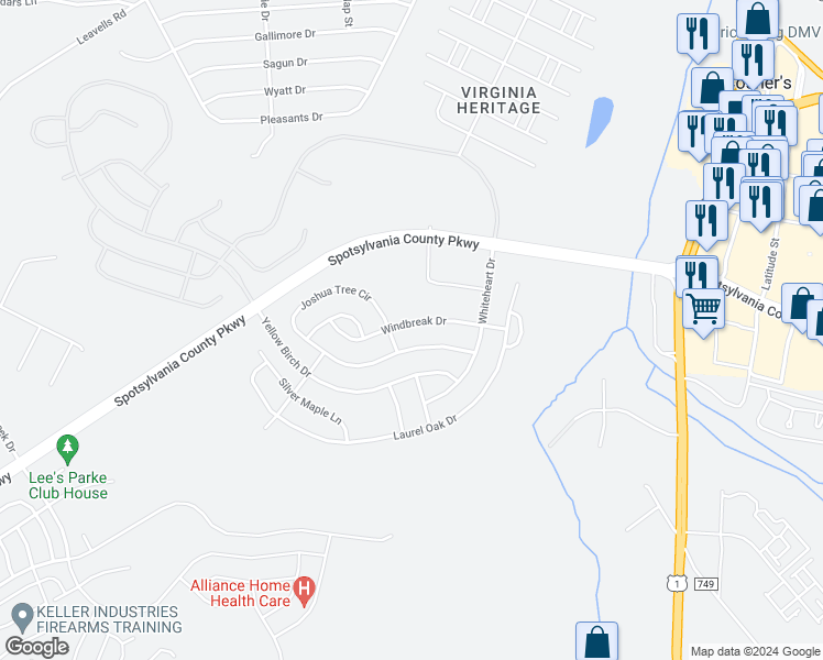 map of restaurants, bars, coffee shops, grocery stores, and more near 5228 Windbreak Drive in Fredericksburg
