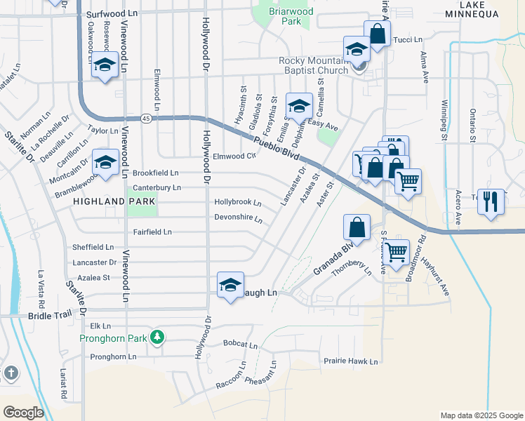 map of restaurants, bars, coffee shops, grocery stores, and more near 3218 Hollybrook Lane in Pueblo