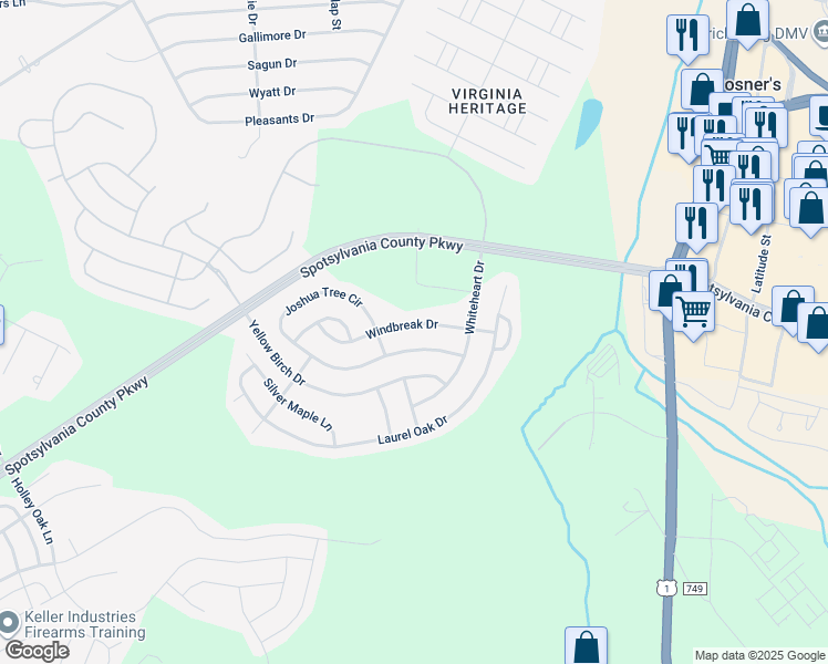 map of restaurants, bars, coffee shops, grocery stores, and more near 5222 Windbreak Drive in Fredericksburg