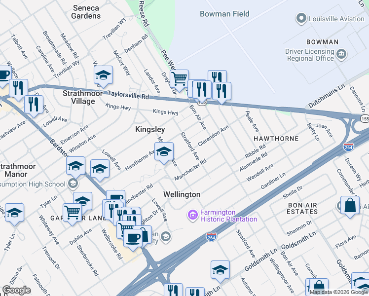 map of restaurants, bars, coffee shops, grocery stores, and more near 2420 Hawthorne Avenue in Louisville