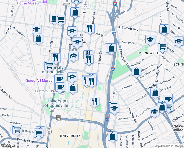 map of restaurants, bars, coffee shops, grocery stores, and more near 1900 South Floyd Street in Louisville