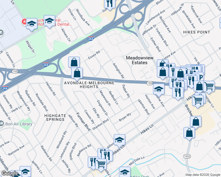 map of restaurants, bars, coffee shops, grocery stores, and more near 3111 Redbud Lane in Louisville