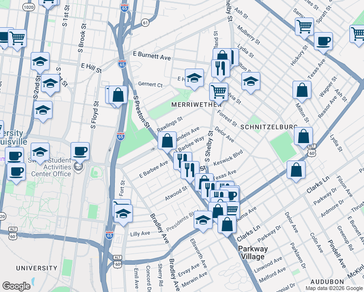 map of restaurants, bars, coffee shops, grocery stores, and more near 526 East Brandeis Avenue in Louisville