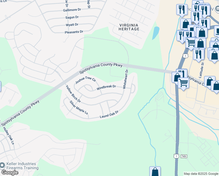 map of restaurants, bars, coffee shops, grocery stores, and more near 5222 Windbreak Drive in Fredericksburg