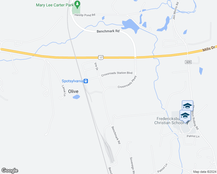 map of restaurants, bars, coffee shops, grocery stores, and more near Crossroads Parkway in Spotsylvania County