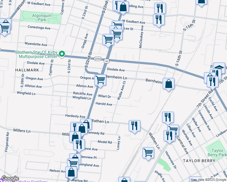 map of restaurants, bars, coffee shops, grocery stores, and more near 2118 Wallie Ann Court in Louisville