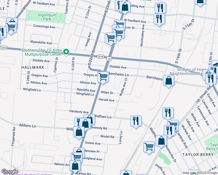 map of restaurants, bars, coffee shops, grocery stores, and more near 2129 Dixie Highway in Louisville
