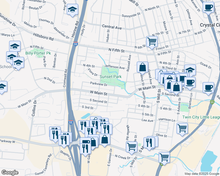 map of restaurants, bars, coffee shops, grocery stores, and more near 816 Parkview Drive in Festus