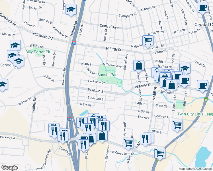 map of restaurants, bars, coffee shops, grocery stores, and more near 816 Parkview Drive in Festus