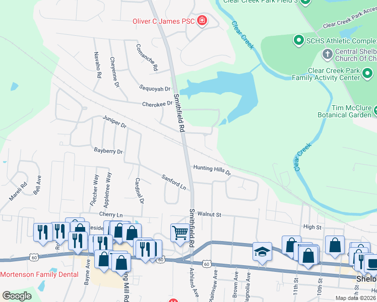 map of restaurants, bars, coffee shops, grocery stores, and more near 67 Smithfield Road in Shelbyville