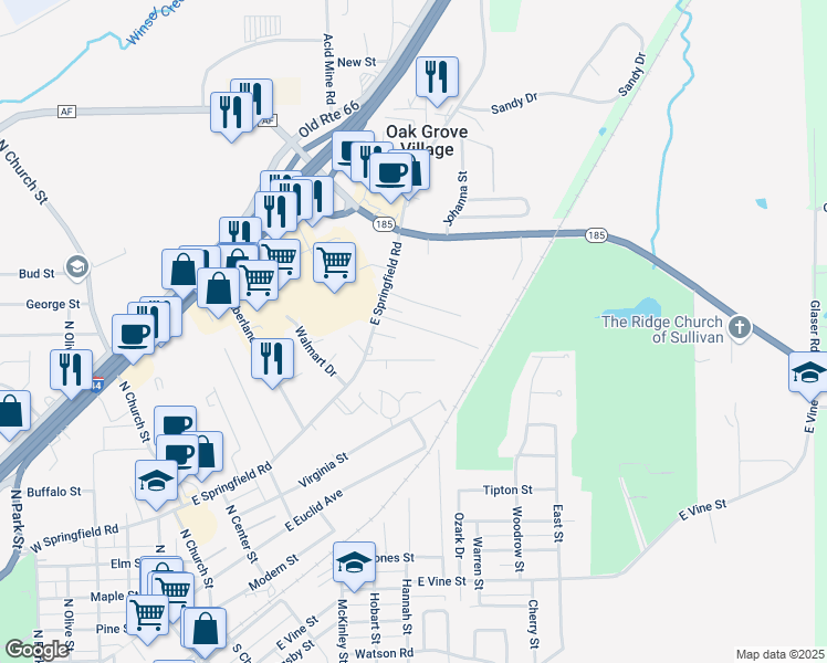 map of restaurants, bars, coffee shops, grocery stores, and more near 450 East Springfield Road in Sullivan