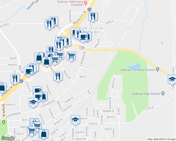 map of restaurants, bars, coffee shops, grocery stores, and more near 450 East Springfield Road in Sullivan
