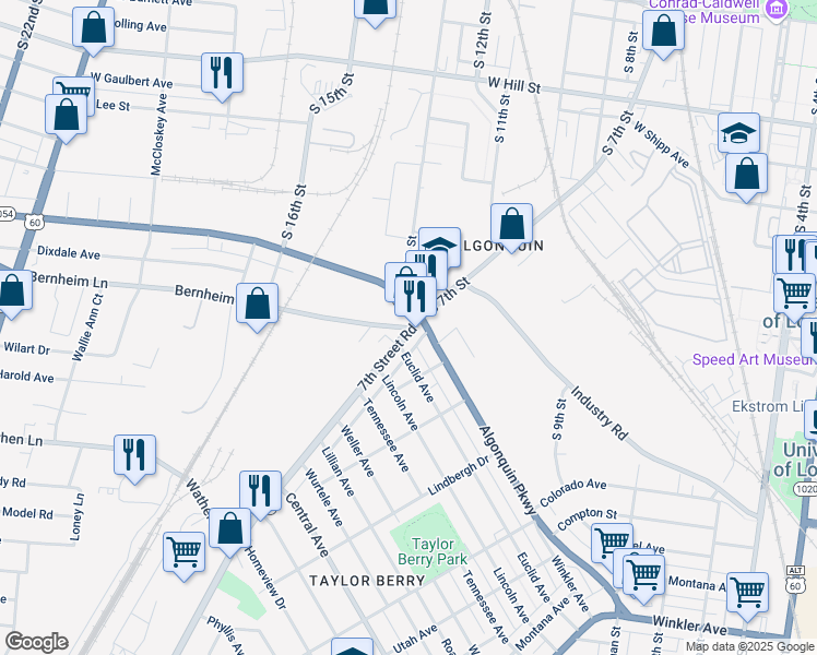 map of restaurants, bars, coffee shops, grocery stores, and more near South 7th Street in Louisville