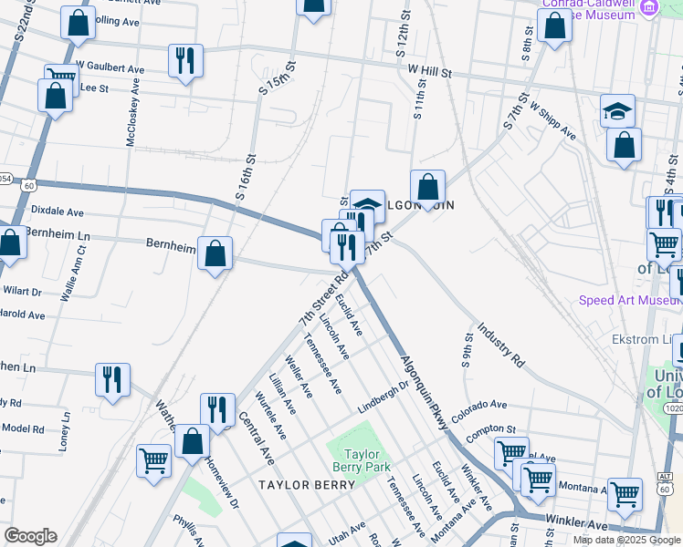 map of restaurants, bars, coffee shops, grocery stores, and more near in Louisville