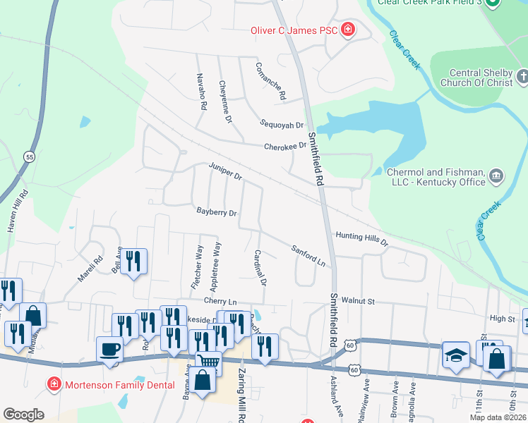 map of restaurants, bars, coffee shops, grocery stores, and more near 72 Juniper Drive in Shelbyville