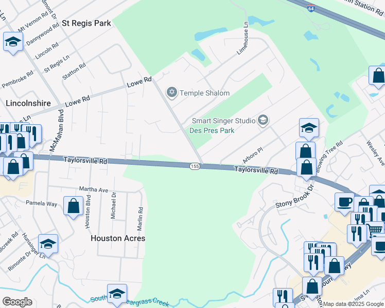 map of restaurants, bars, coffee shops, grocery stores, and more near 4730 Lowe Road in Louisville