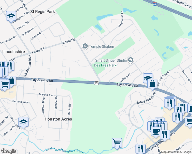 map of restaurants, bars, coffee shops, grocery stores, and more near 4730 Lowe Road in Louisville