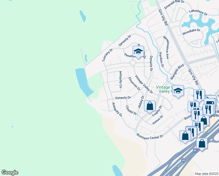 map of restaurants, bars, coffee shops, grocery stores, and more near 873 Antiquity Drive in Fairfield