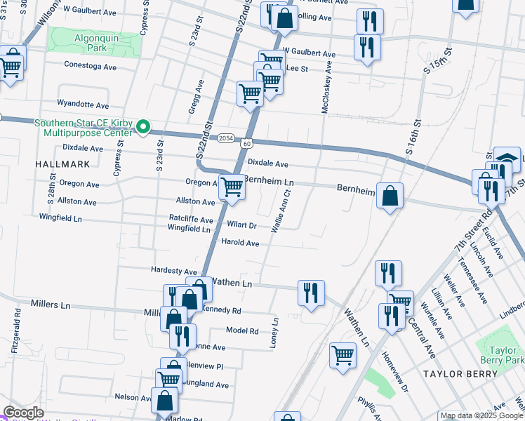 map of restaurants, bars, coffee shops, grocery stores, and more near 2118 Wallie Ann Court in Louisville