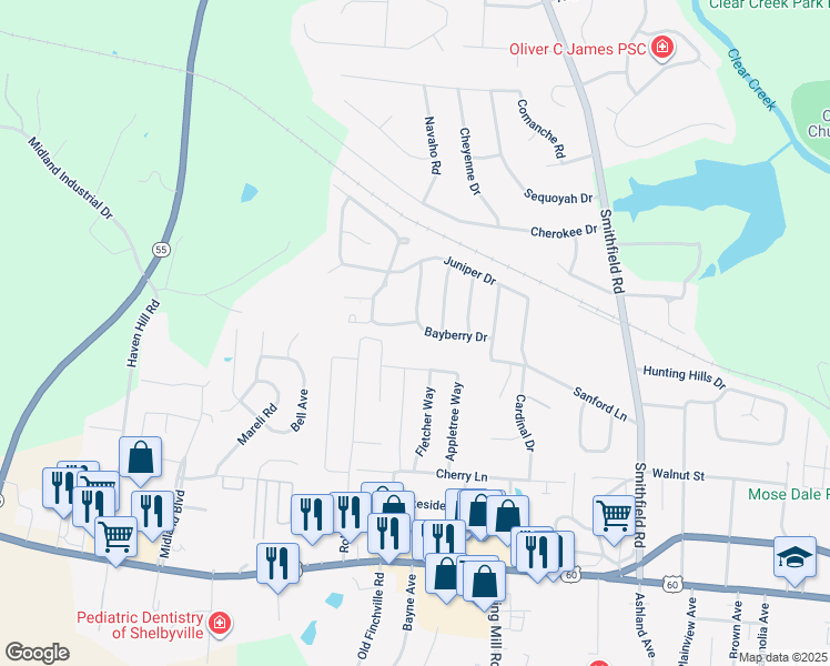 map of restaurants, bars, coffee shops, grocery stores, and more near 1640 Bayberry Drive in Shelbyville