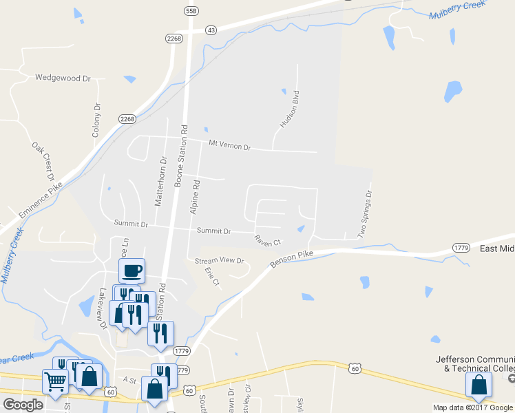 map of restaurants, bars, coffee shops, grocery stores, and more near 226 Rosewood Lane in Shelbyville