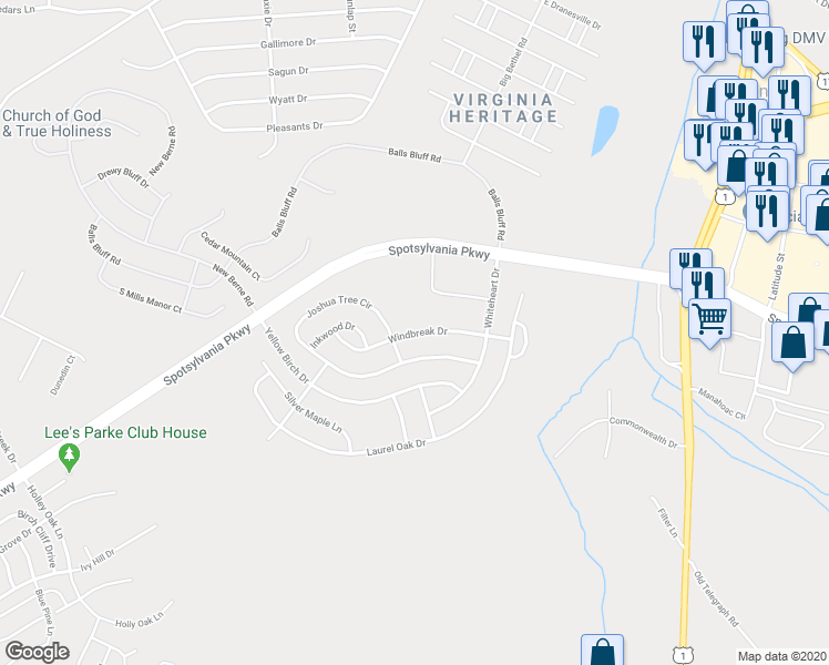 map of restaurants, bars, coffee shops, grocery stores, and more near 5232 Windbreak Drive in Fredericksburg