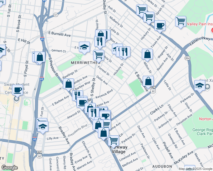 map of restaurants, bars, coffee shops, grocery stores, and more near 908 Delor Avenue in Louisville