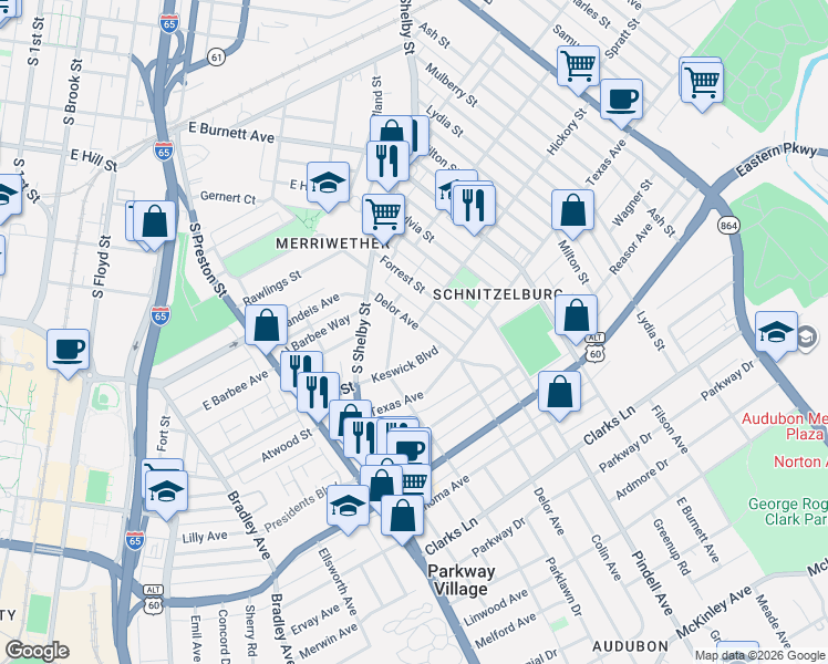 map of restaurants, bars, coffee shops, grocery stores, and more near 908 Delor Avenue in Louisville