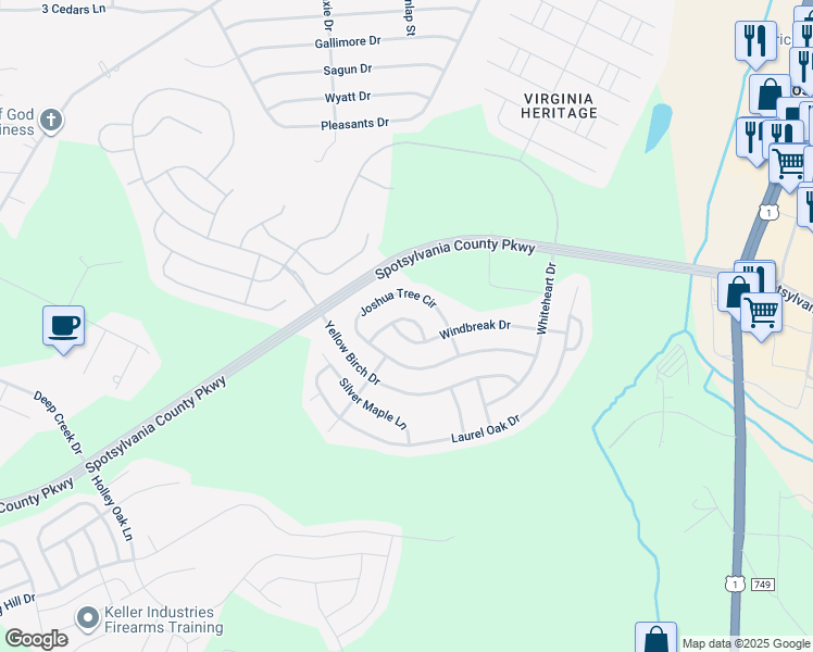map of restaurants, bars, coffee shops, grocery stores, and more near 9714 Inkwood Drive in Fredericksburg