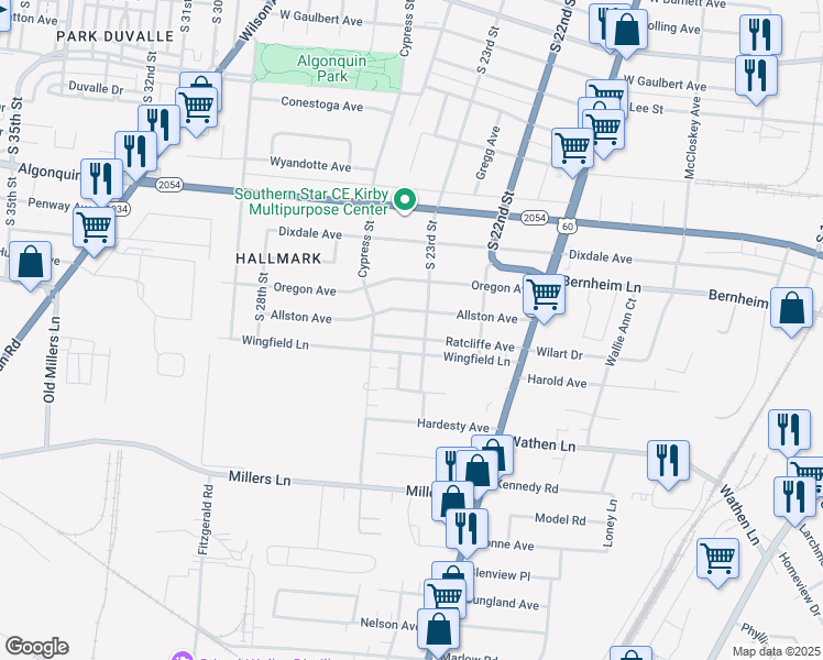 map of restaurants, bars, coffee shops, grocery stores, and more near 2305 Ratcliffe Avenue in Louisville